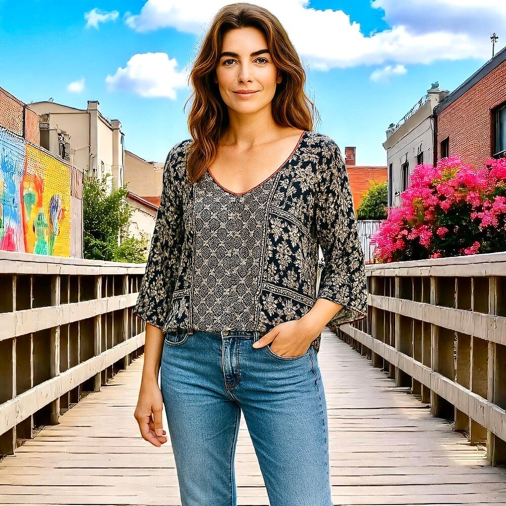 Forever 21 Contemporary Long Bell Sleeve Blouse Top Whipstitching